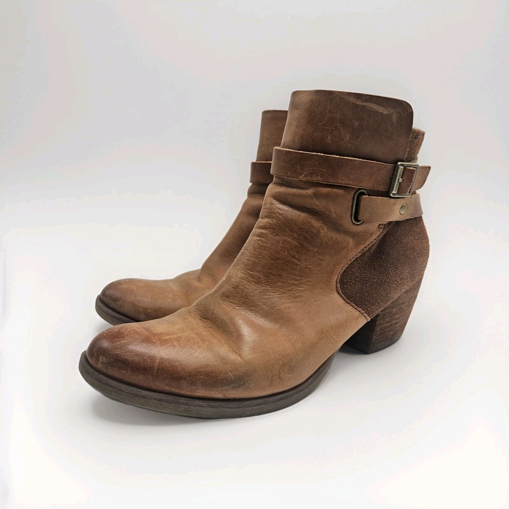 Korks-Ease Ankle Boots Womens 9 Tan Brown Distressed Leather Heel Back Zip